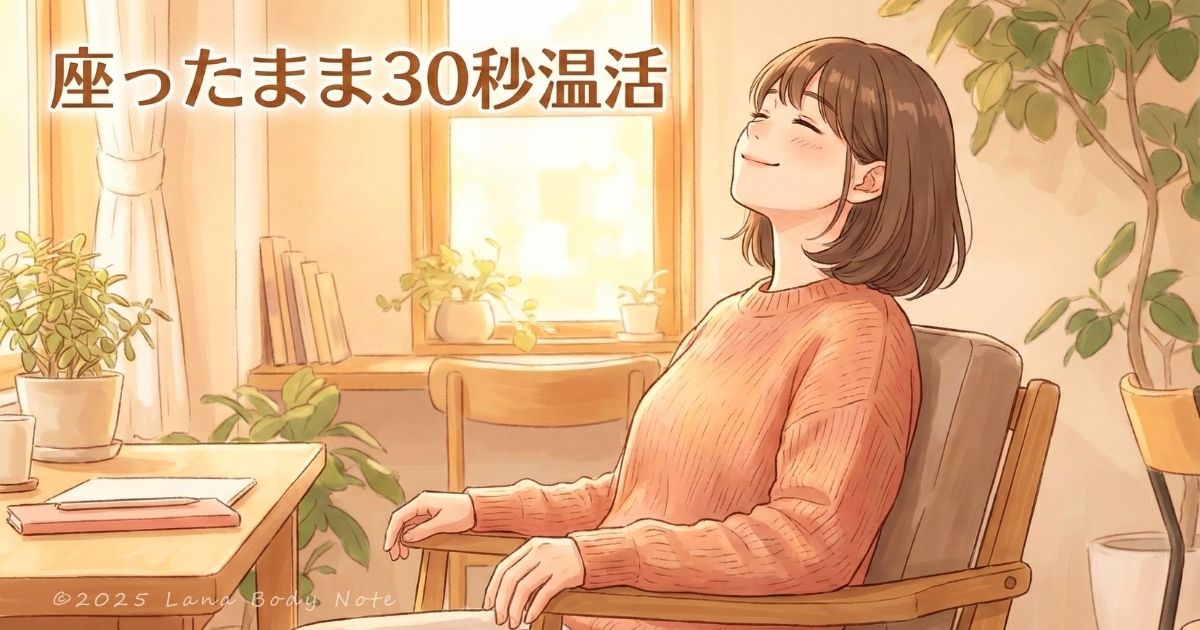温かい部屋で椅子に座り、気持ちよさそうに背筋を伸ばして深呼吸をしている女性のイラスト。「座ったまま30秒温活」の文字入り。