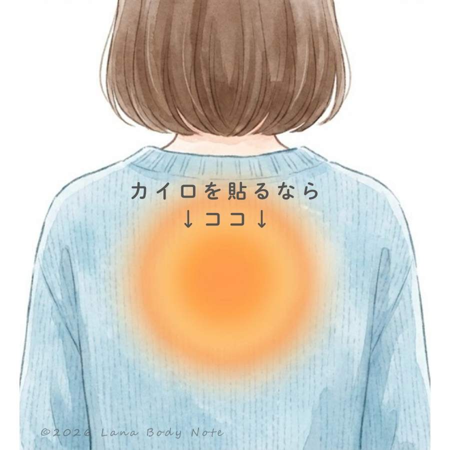 女性の背中のイラスト。肩甲骨と肩甲骨の間にある、全身を温めるのに効果的なツボ「大椎(だいつい)」周辺にカイロを貼る位置を示したもの。