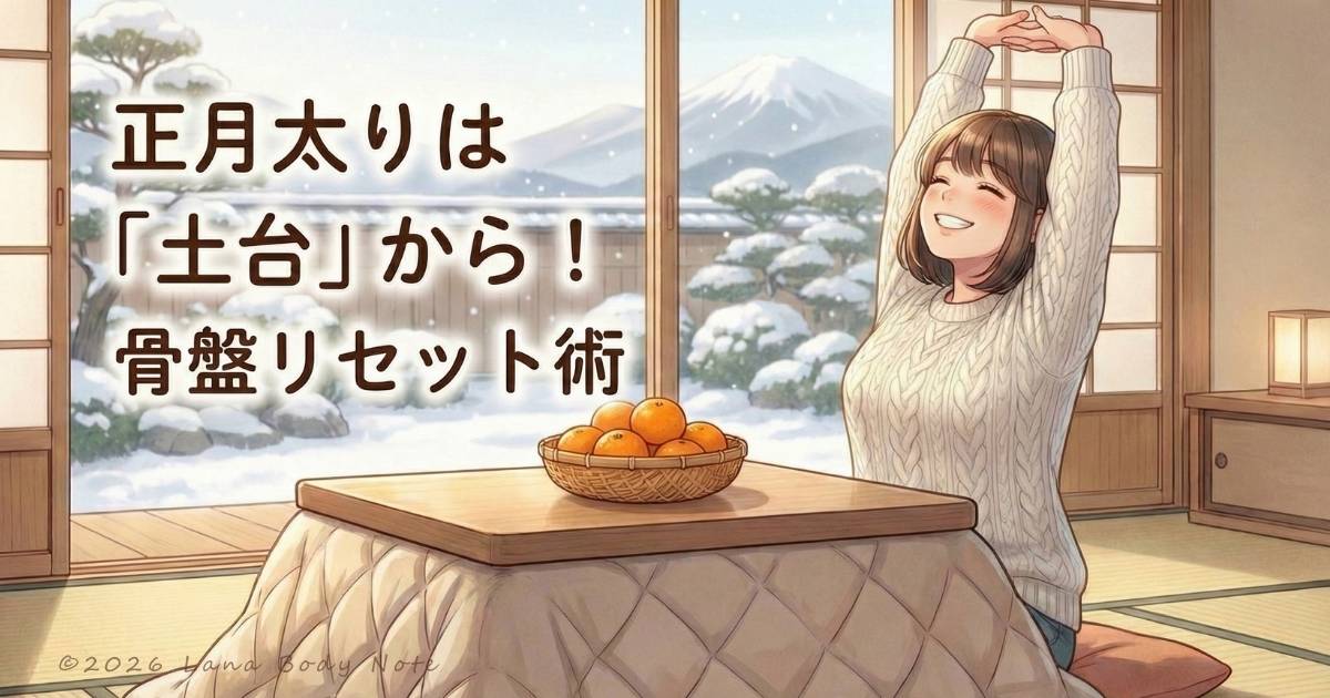 正月太りは「土台」から！骨盤リセット術。こたつでみかんを前に、気持ちよさそうに伸びをする女性のイラスト。窓の外には雪景色と富士山が見える。