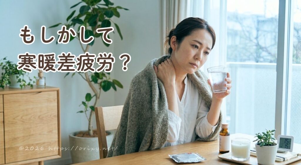 更年期の寒暖差疲労をケアする温活習慣をイメージした女性のアイキャッチ。