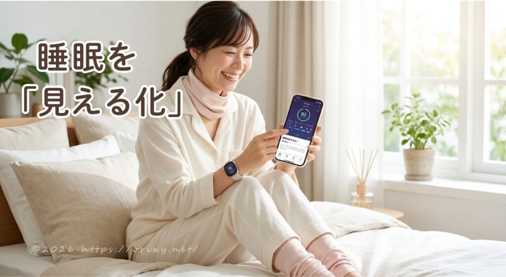 パジャマ姿の女性がベッドに座り、Fitbitを腕につけてスマートフォンの睡眠スコア画面を見せながら微笑んでいる。更年期の睡眠不足を「見える化」で解消するイメージ。