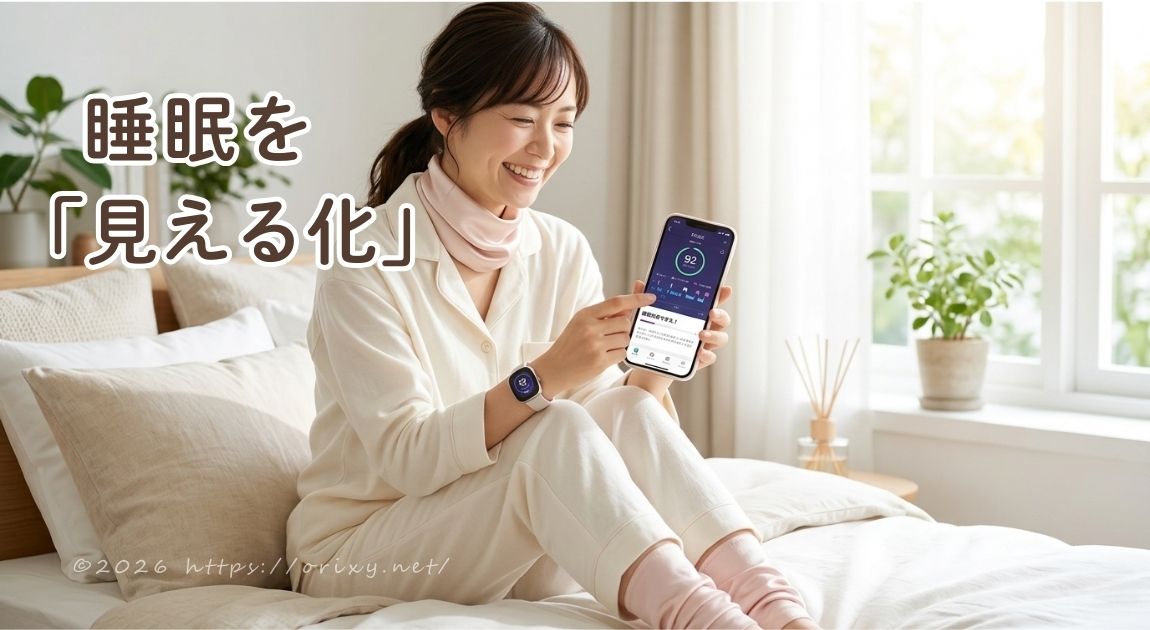 パジャマ姿の女性がベッドに座り、Fitbitを腕につけてスマートフォンの睡眠スコア画面を見せながら微笑んでいる。更年期の睡眠不足を「見える化」で解消するイメージ。