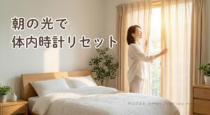 朝の光が差し込む窓辺で、心地よく目覚める女性とカーテンのイメージ画像
