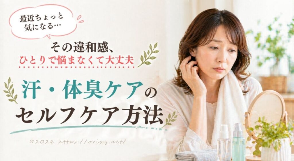 更年期の汗・体臭ケア方法を説明するイラストと女性の画像