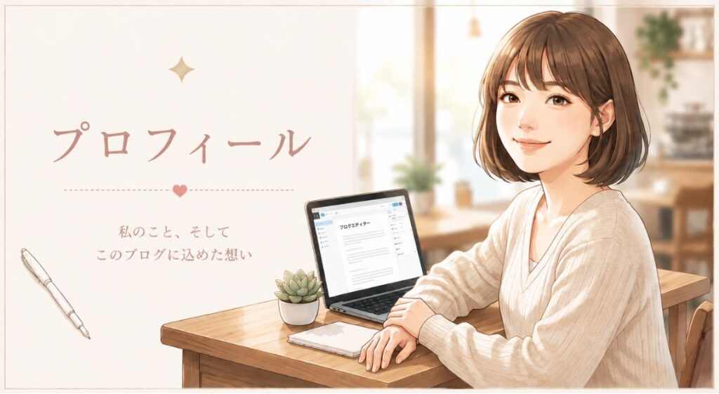 プロフィールページのアイキャッチ画像。ノートパソコンに向かう女性のイラストと「プロフィール　私のこと、そしてこのブログに込めた想い」のテキスト。