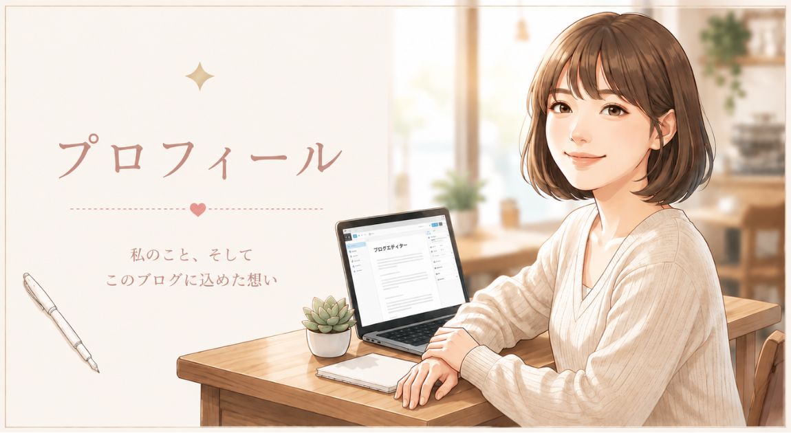 プロフィールページのアイキャッチ画像。ノートパソコンに向かう女性のイラストと「プロフィール　私のこと、そしてこのブログに込めた想い」のテキスト。