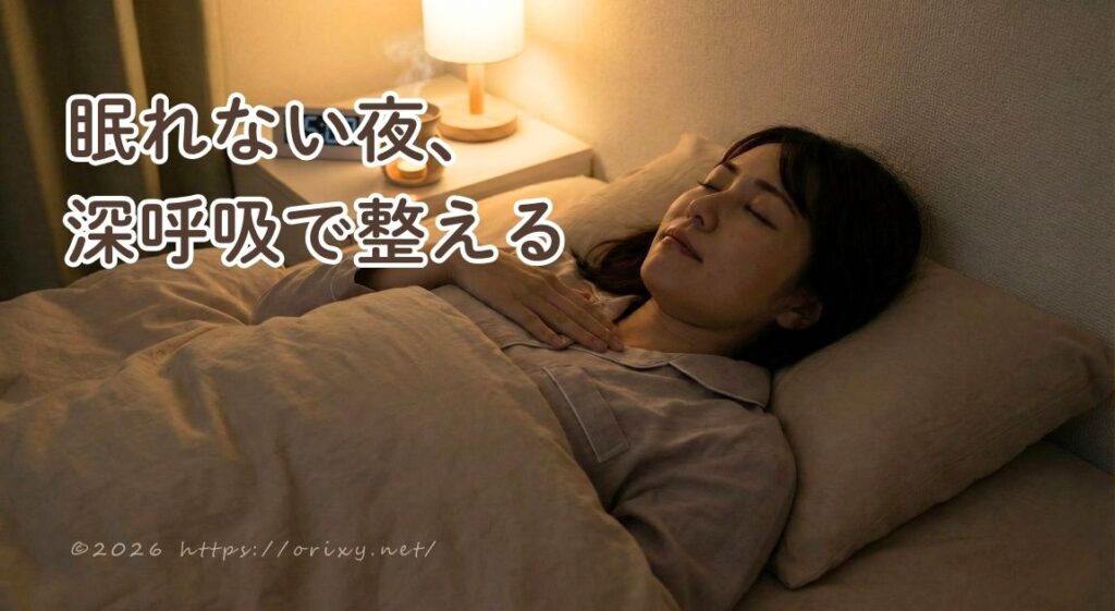 夜、窓から見える美しい星空を眺めながら、ベッドの上で温かい飲み物を手にリラックスする女性。穏やかな表情で「何もしない時間」を過ごすセルフケアのイメージ。