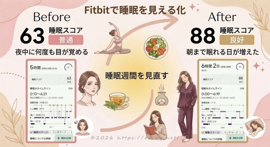 Fitbitで睡眠を見える化したビフォーアフター(更年期の睡眠改善例)