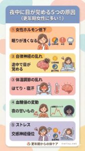 更年期に夜中に目が覚める5つの原因をまとめた図解。女性ホルモンの低下や自律神経の乱れなどを解説。