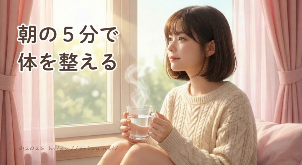 朝日が差し込む窓際で、温かい白湯を飲みながらリラックスする女性のイメージ。