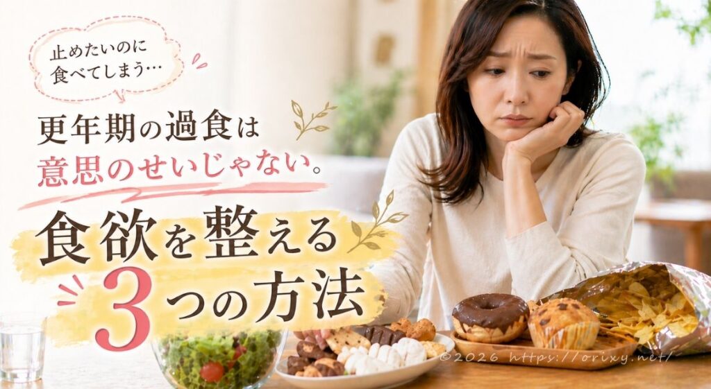 更年期の過食に悩む女性がついお菓子を食べてしまう様子。自分の意思を責めるのではなく、心をゆるめて整えるためのヒント。